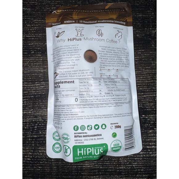 HiPlus Nutrition Organic Mushroom Coffee Instant Arabica 7.05 Oz Ex 09/2028 - Picture 2 of 2